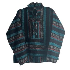 Molina Men's‎ Baja Hoodie Mexican Poncho Black Teal Pink Stripe Pullover Hooded